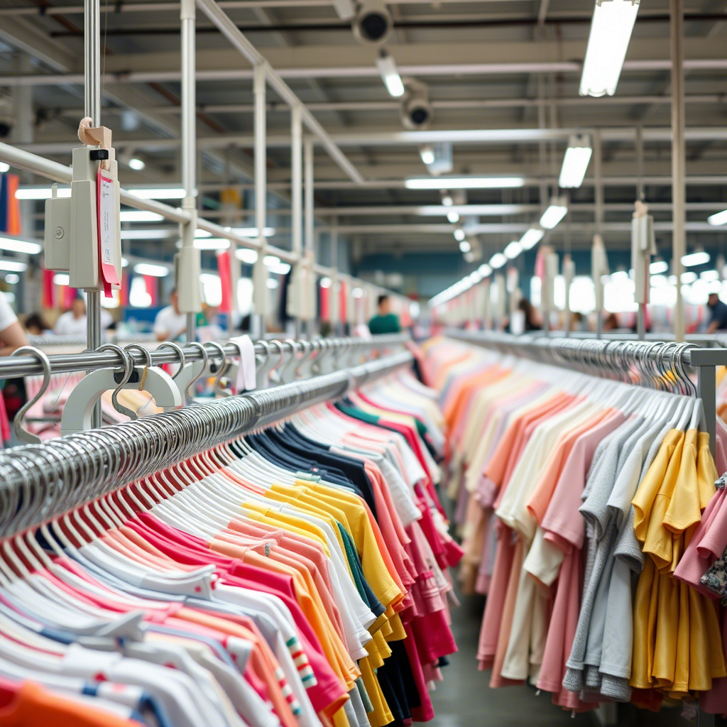 Children’s clothing factory in China with rows of colorful garments