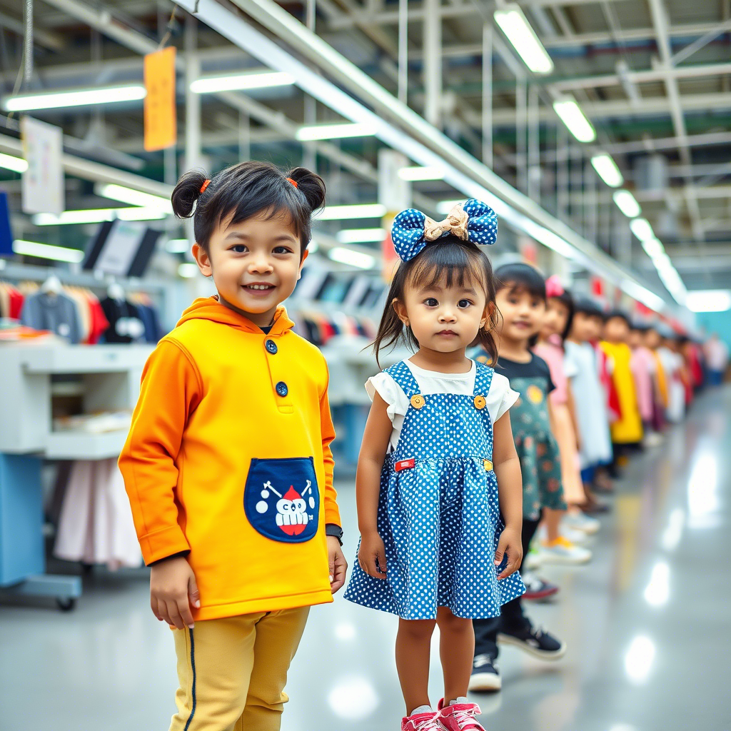 Children’s clothing factory production line in China with diverse outfits