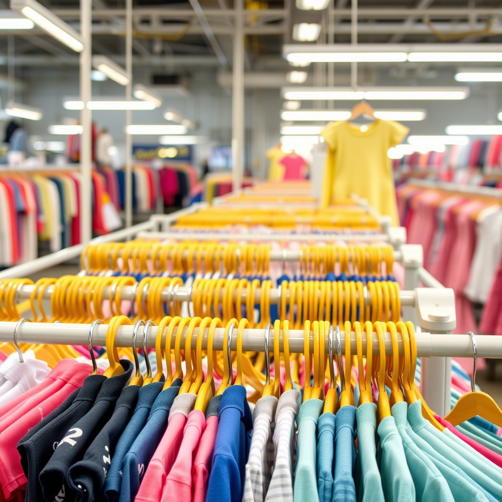 Children’s clothing factory with rows of shirts and dresses on racks