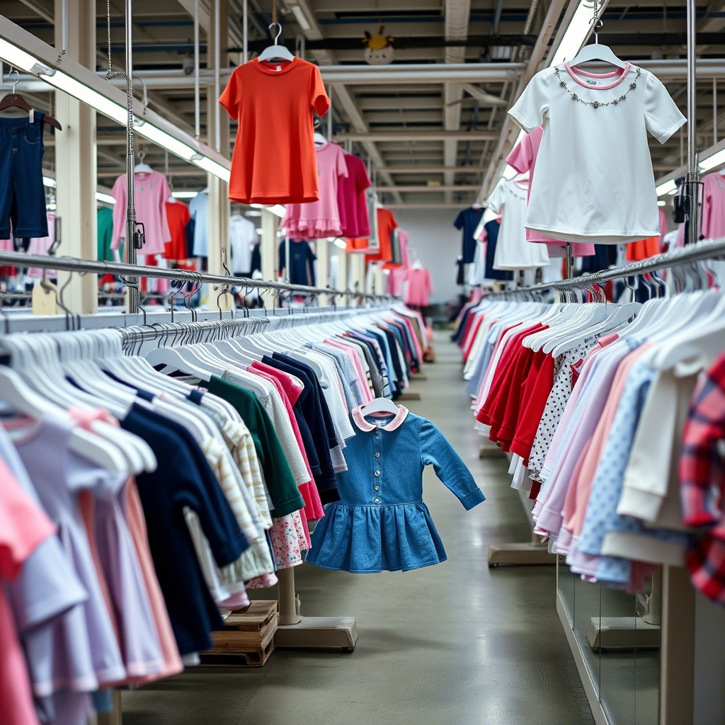 Children’s clothing factory with rows of tiny garments on display