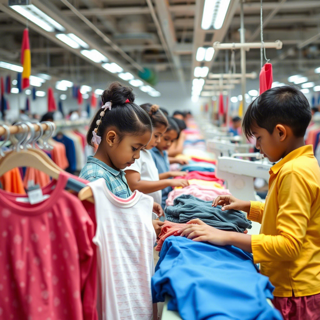 Children’s clothing factory with workers inspecting garments on production line