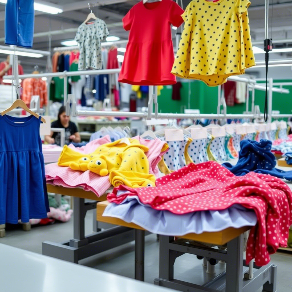 Children’s clothing manufacturing process with various fabrics and designs