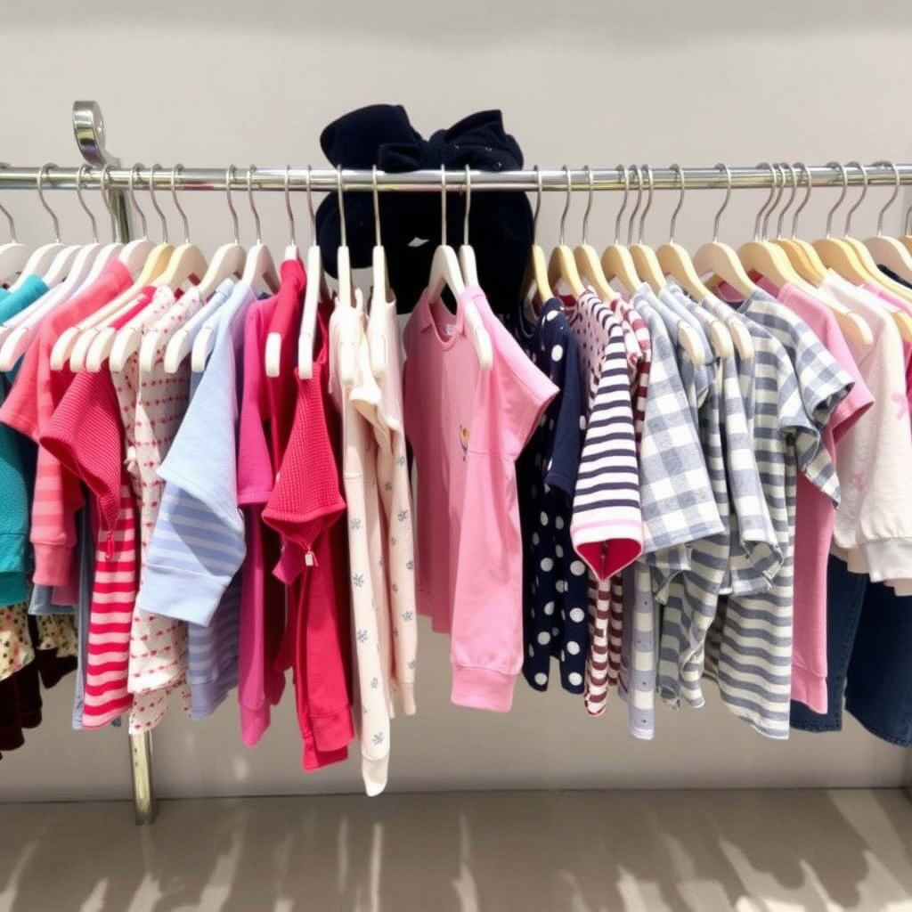 Children’s clothing on hangers in a wholesale distributor’s showroom display