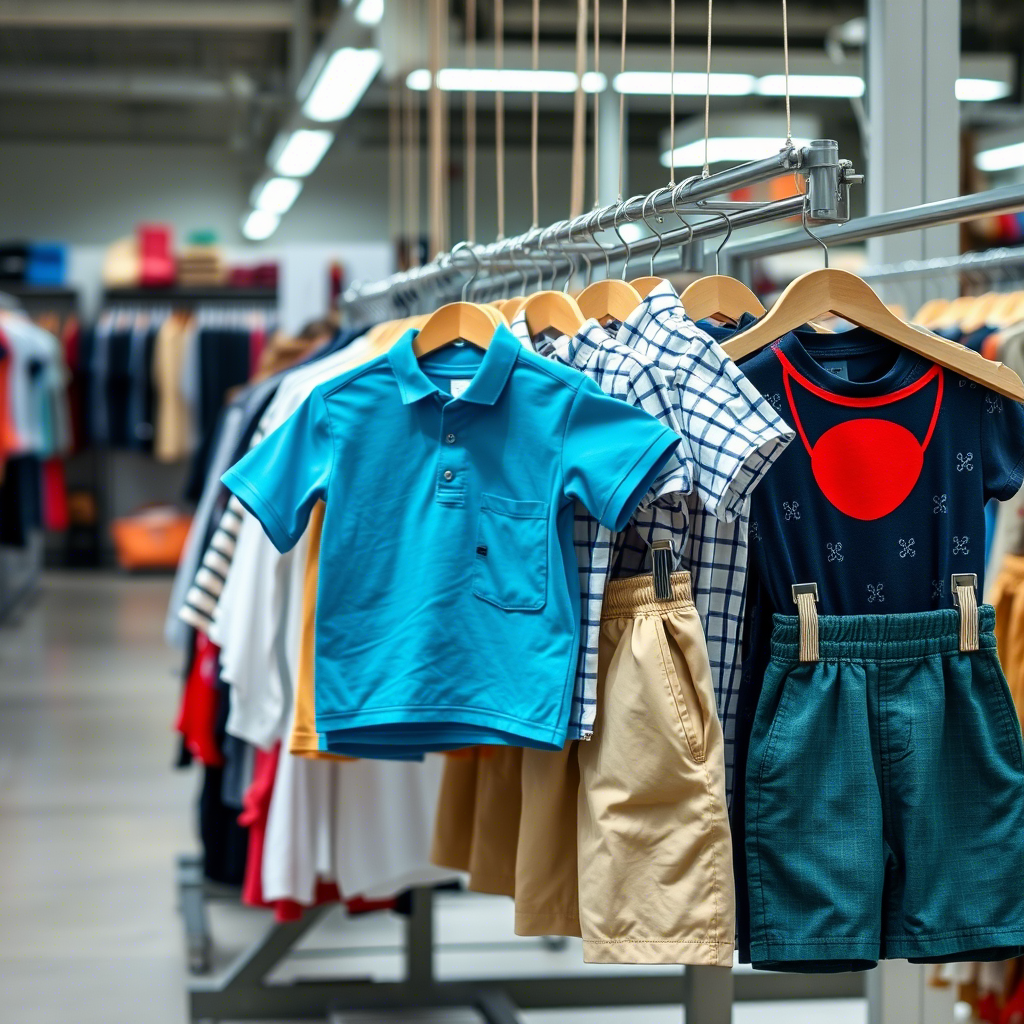 Children’s clothing production line with boys’ shirts and shorts on display