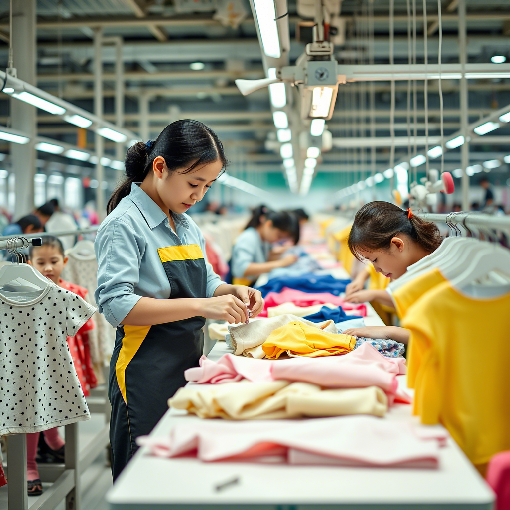Children’s clothing production line with Chinese workers assembling