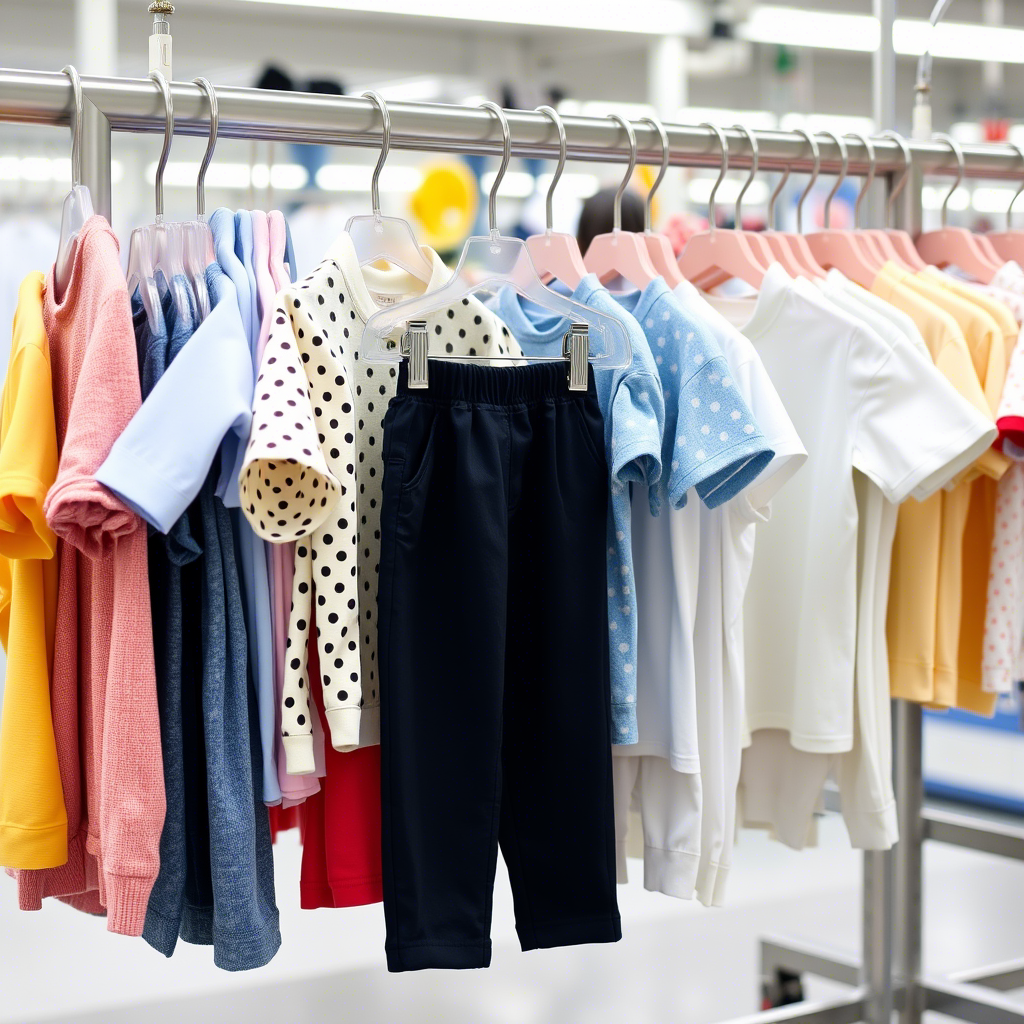 Children’s clothing production line, with shirts and pants hanging on racks