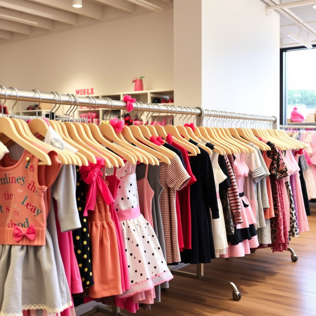 Children’s clothing racks filled with trendy outfits in a boutique setting
