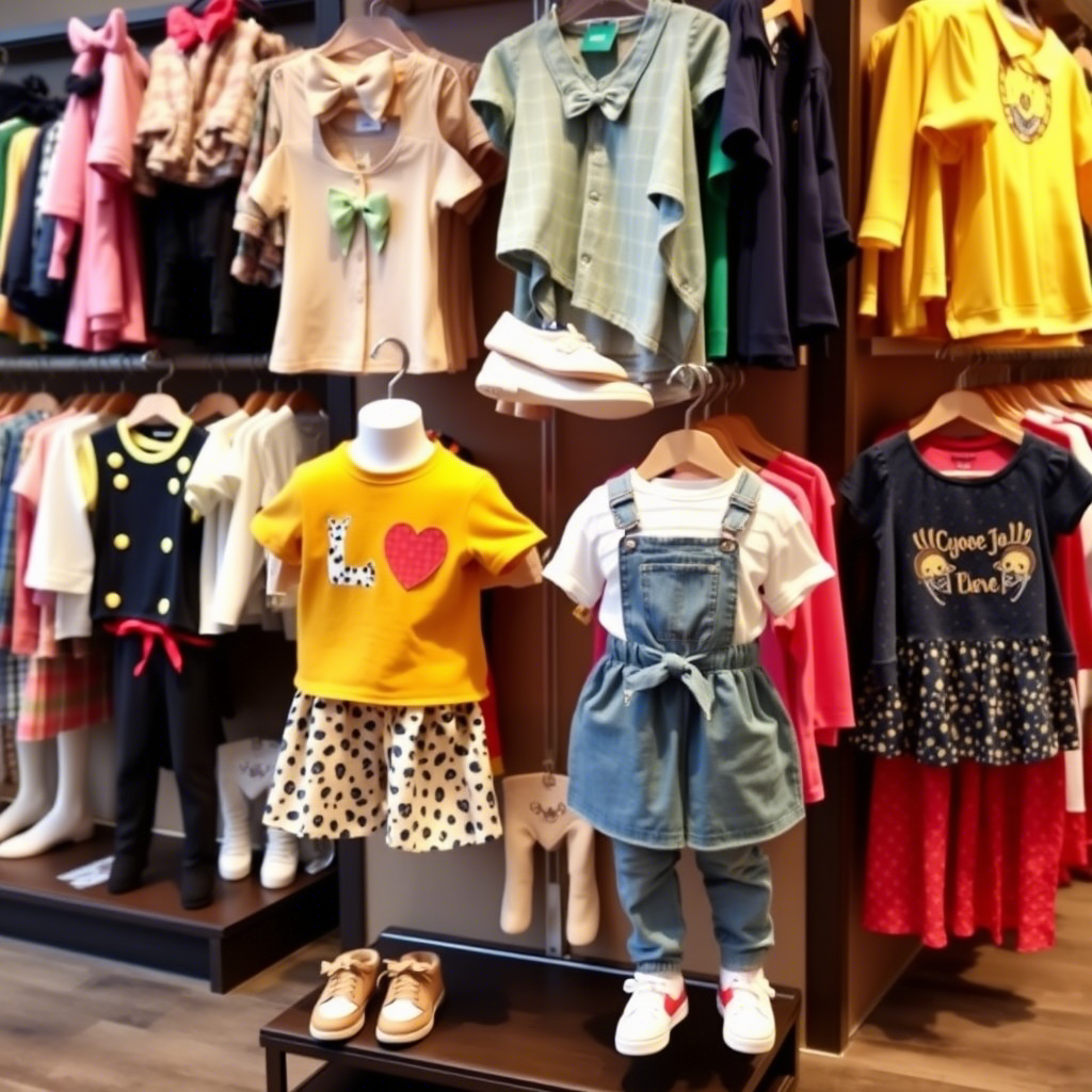 Children’s clothing store display with various toddler outfits