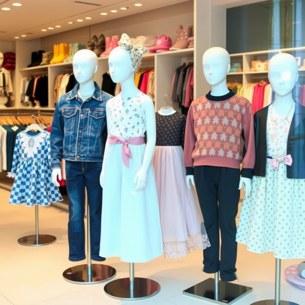 Children’s clothing store with diverse outfits on mannequins