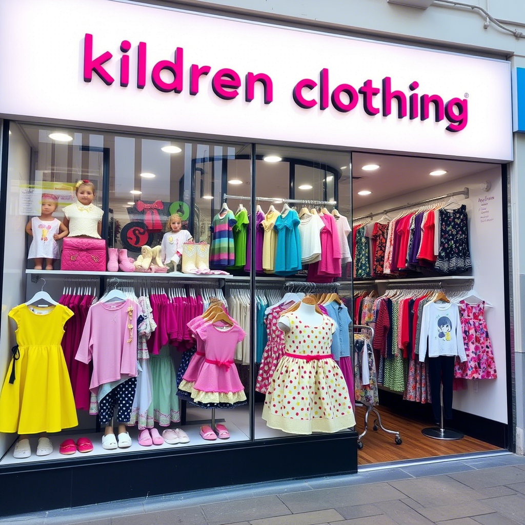 Children’s clothing storefront with vibrant outfits on display