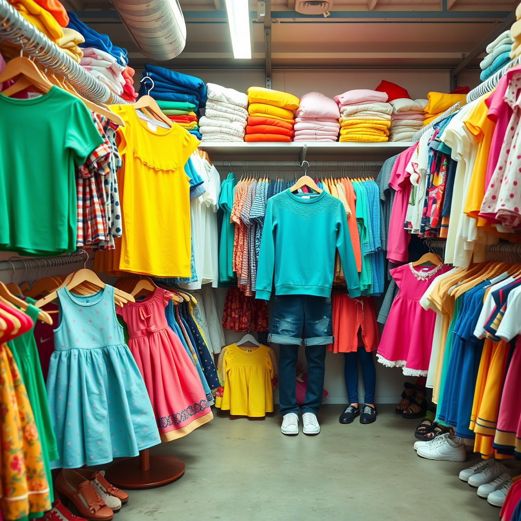Children’s clothing warehouse filled with colorful outfits