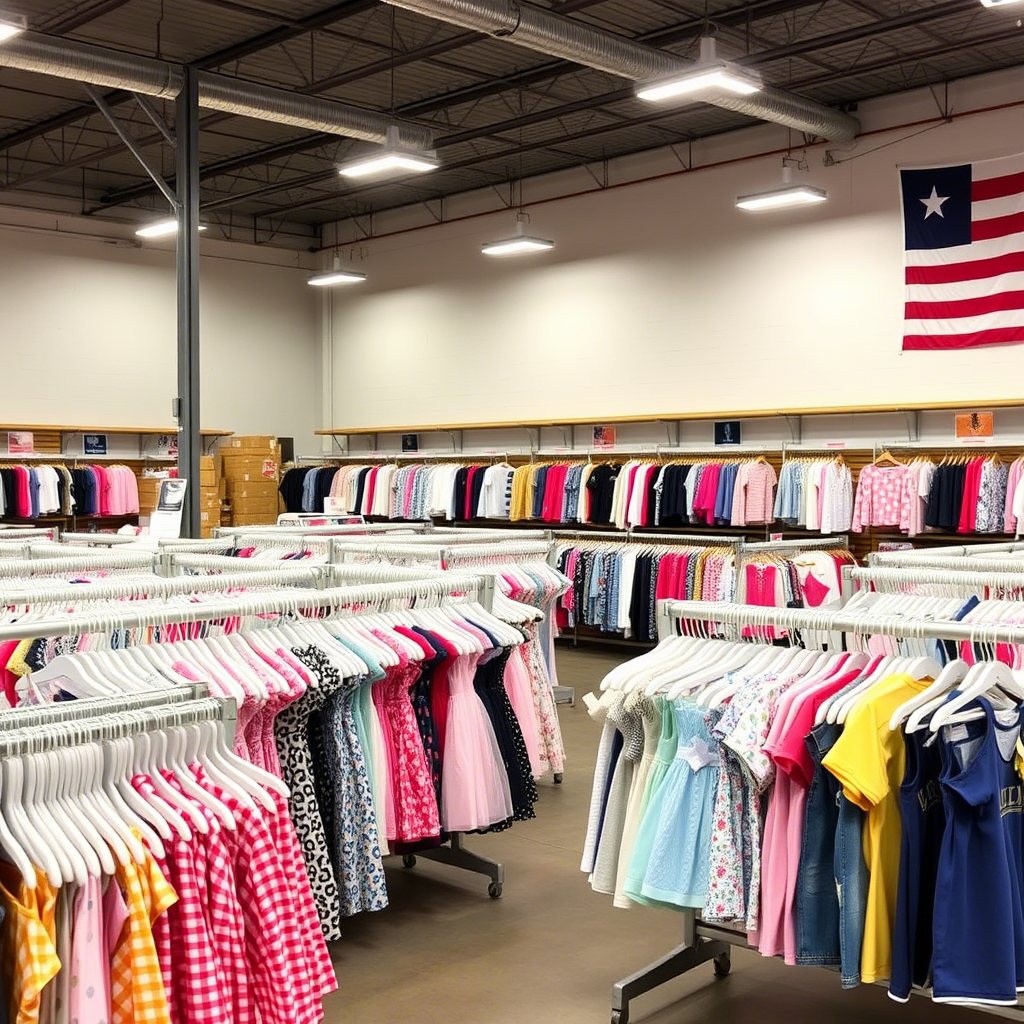 Children’s clothing wholesale distribution center in America with racks of outfits