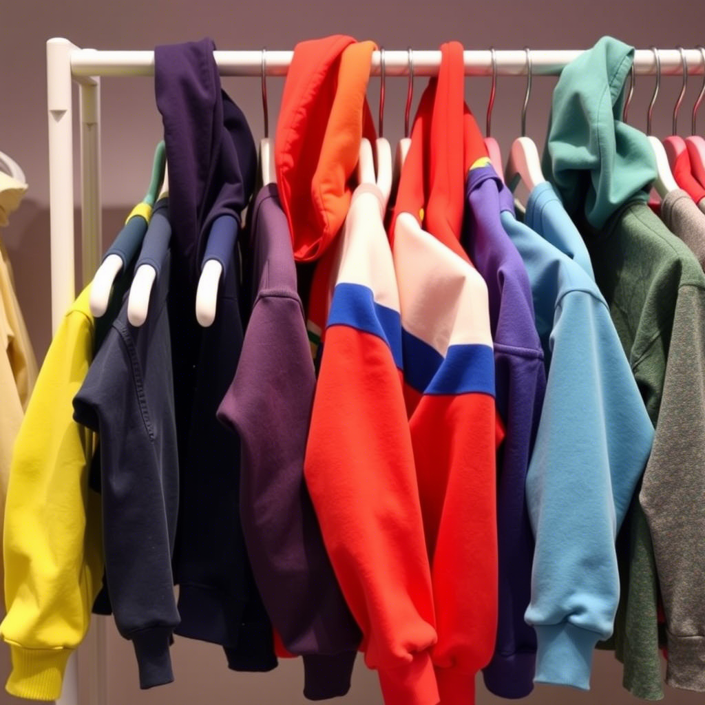 Children’s colorful hoodies and sweatshirts hanging on a rack