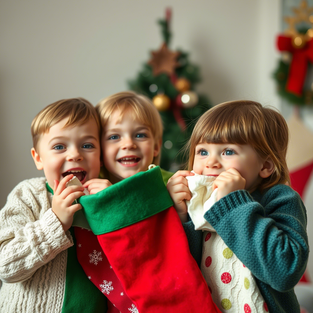 Children’s excited faces as they try to guess stocking surprises