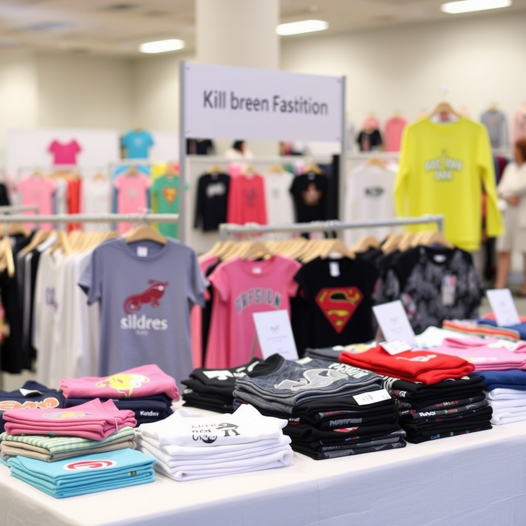 Children’s fashion brand clothing samples on a vendor’s table