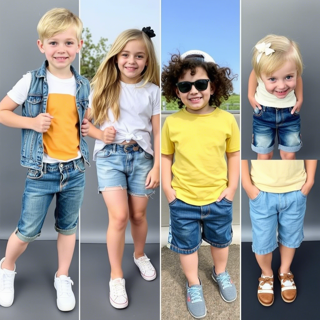 Children’s fashion collage featuring kids in various jeans and shorts for different seasons