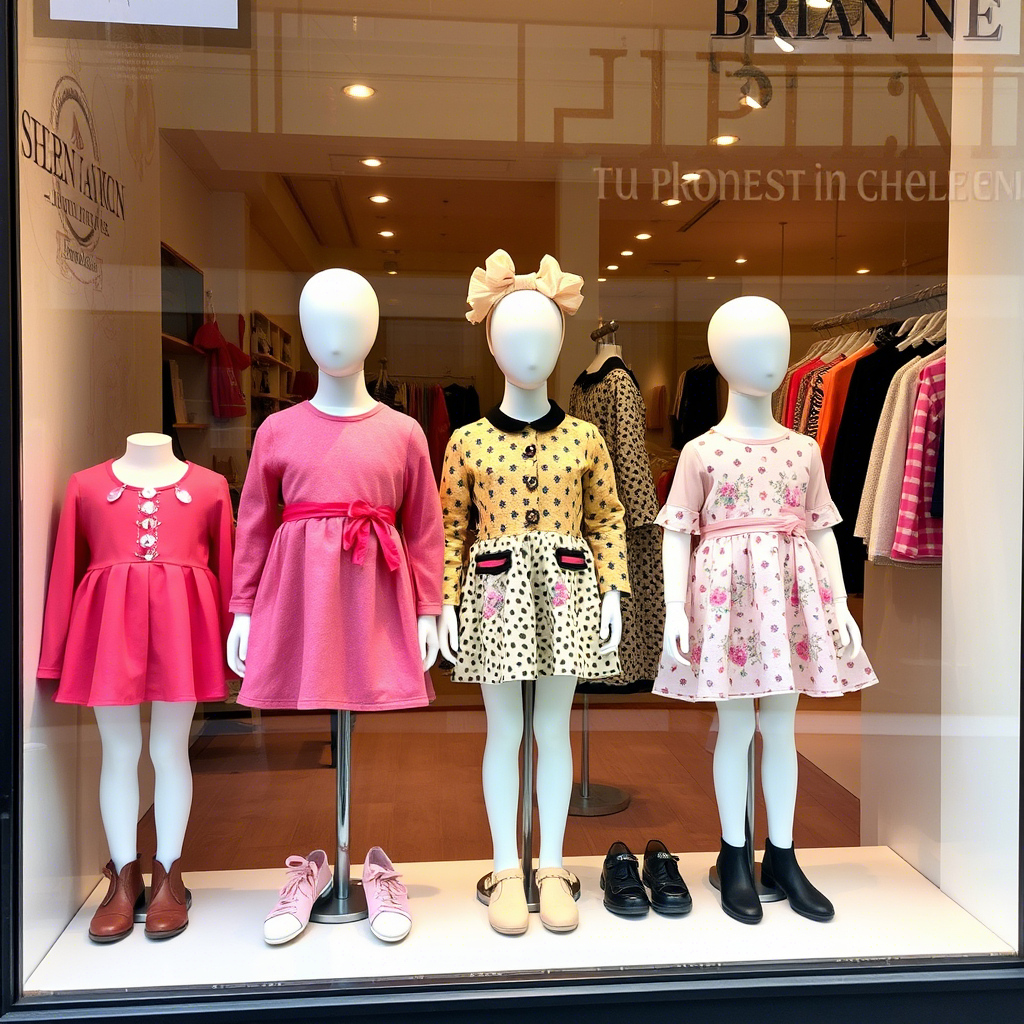 Children’s fashion collection displayed on a mannequin in a storefront window