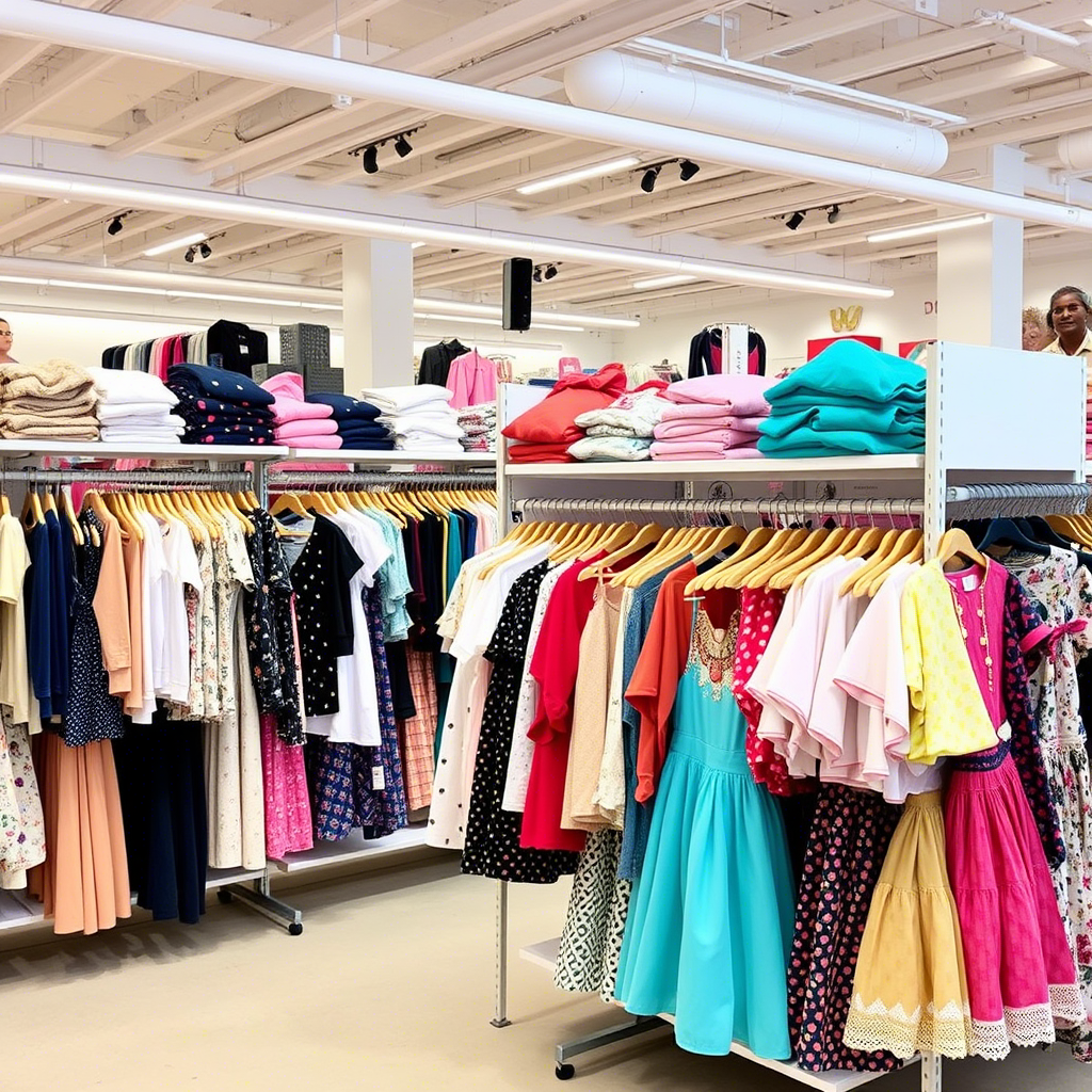 Children’s fashion distribution center with diverse outfits on shelves
