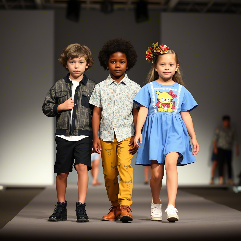 Children’s fashion show with diverse models wearing stylish boy and girl apparel