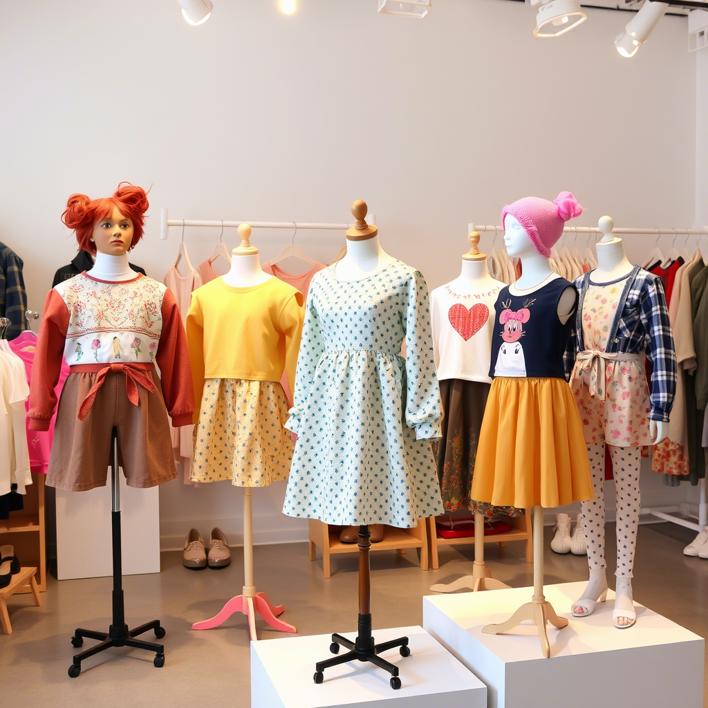 Children’s fashion studio with diverse clothing samples on mannequins