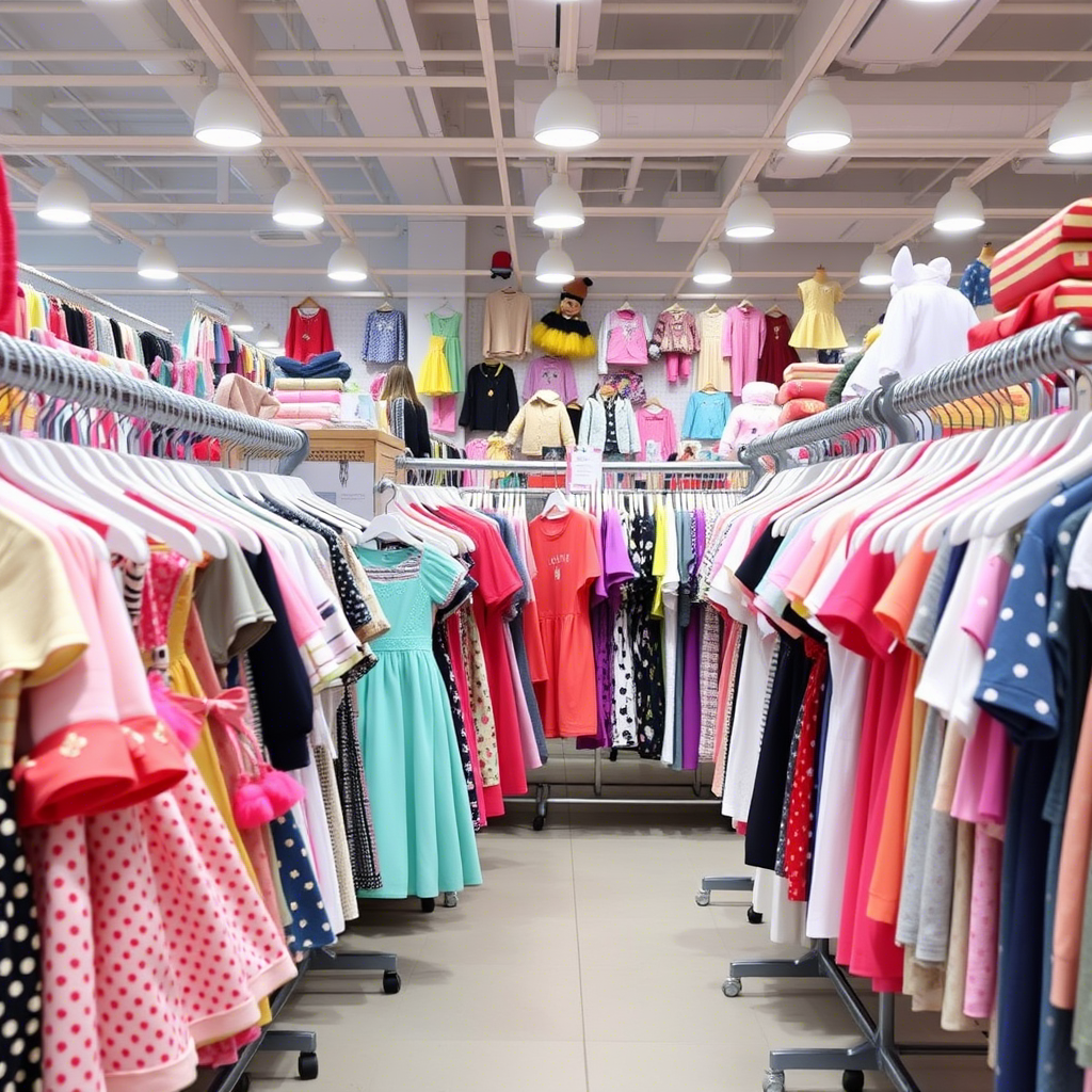 Children’s fashion wholesale market with diverse clothing racks