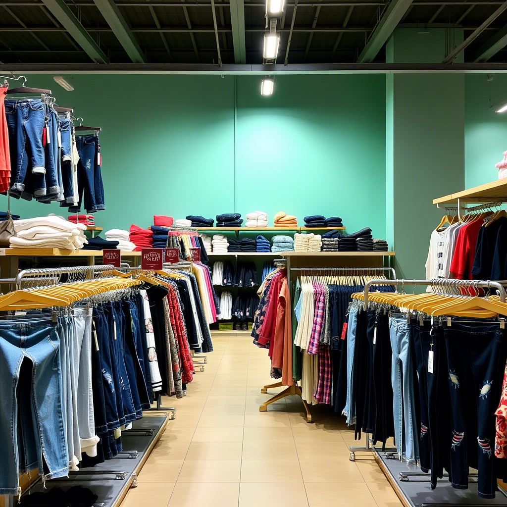Children’s fashion wholesale market with jeans and leggings on display