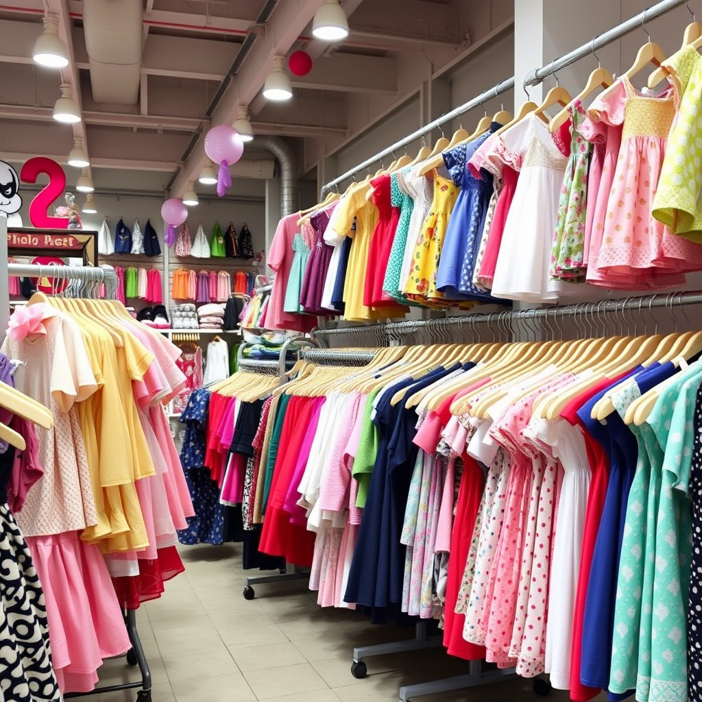 Children’s fashion wholesale market with various clothing racks