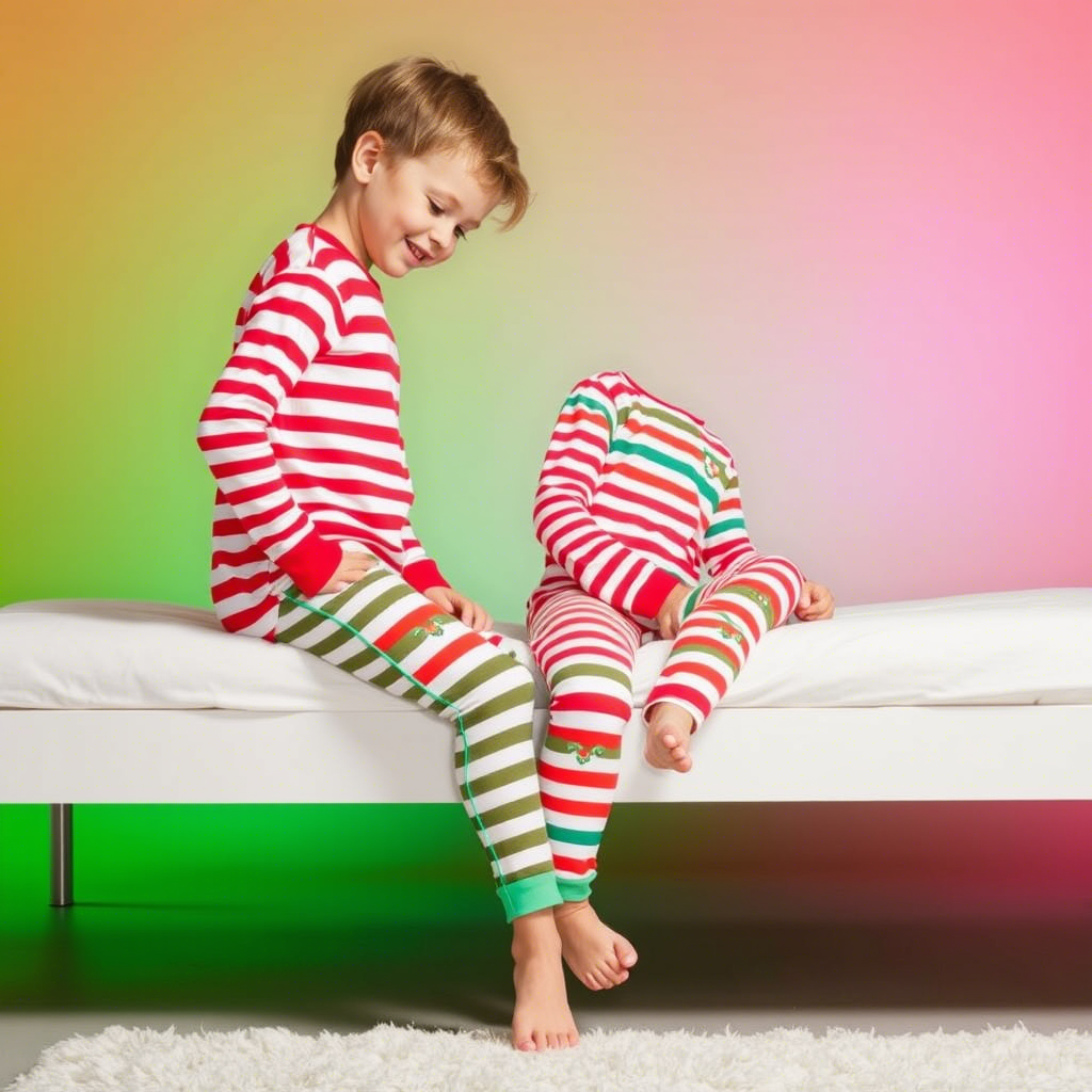 Children’s festive red and green striped sleepwear for holiday