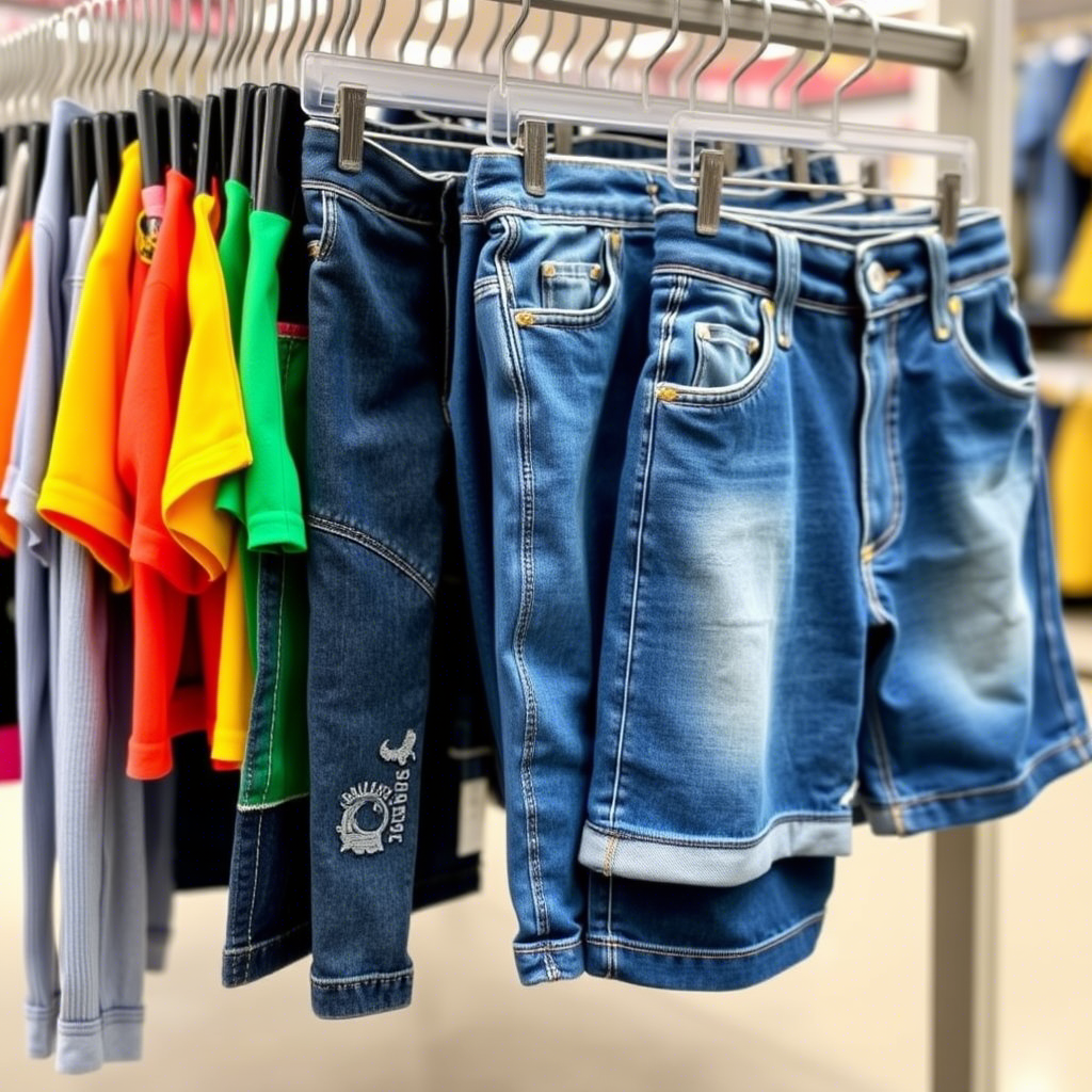 Children’s jeans and shorts hanging on a store rack with bright colors