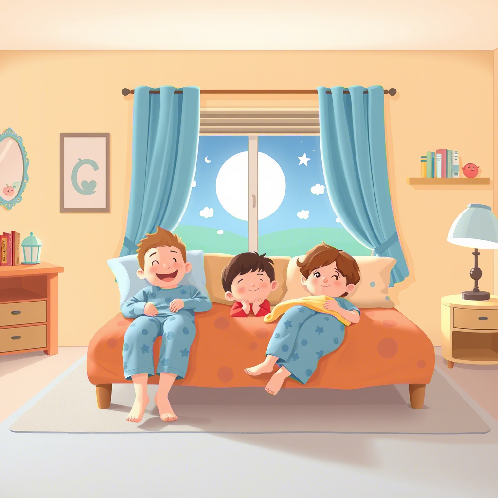 Children’s sleepwear with cute cartoon characters, lounging in a bedroom