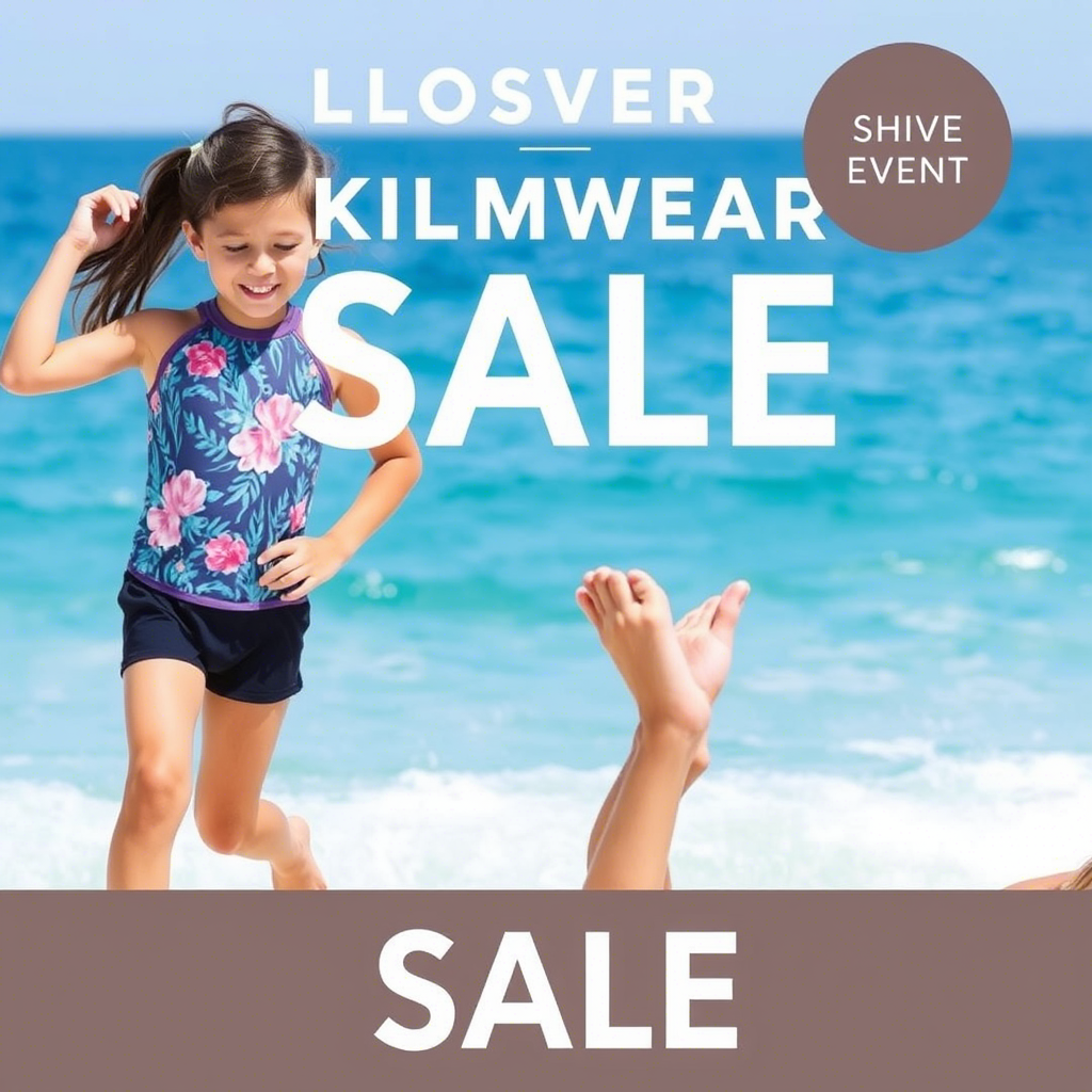 Children’s swimwear sale advertisement with ocean background