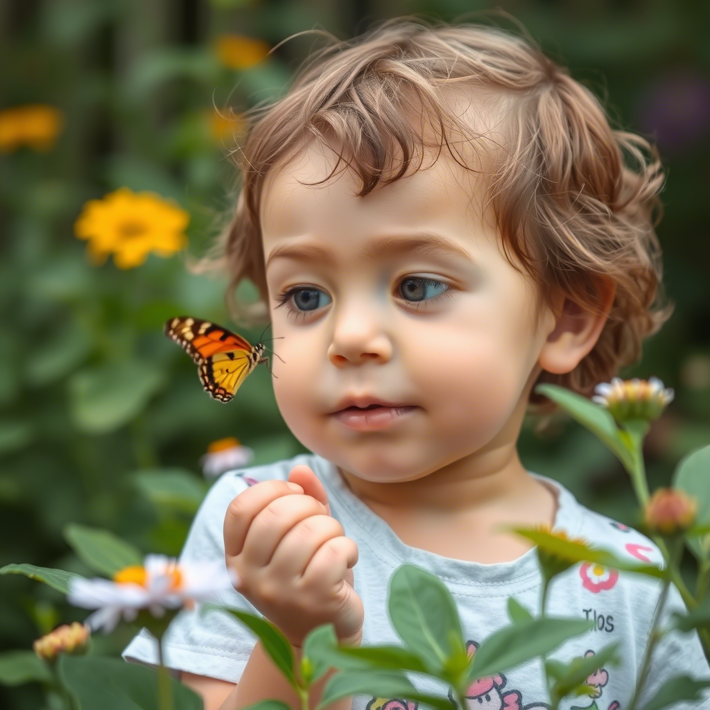 Child’s face filled with wonder, staring at a butterfly in garden