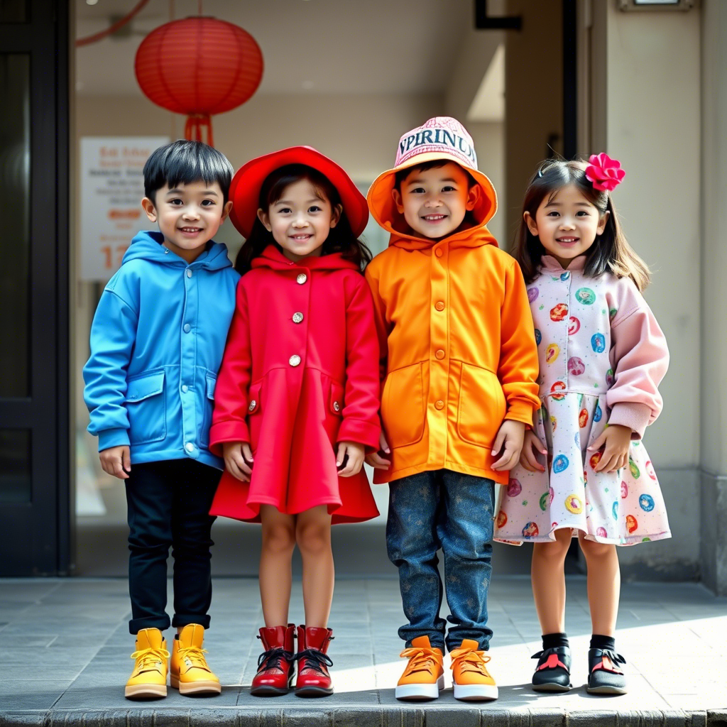 Chinese and American kids modeling colorful kidswear together