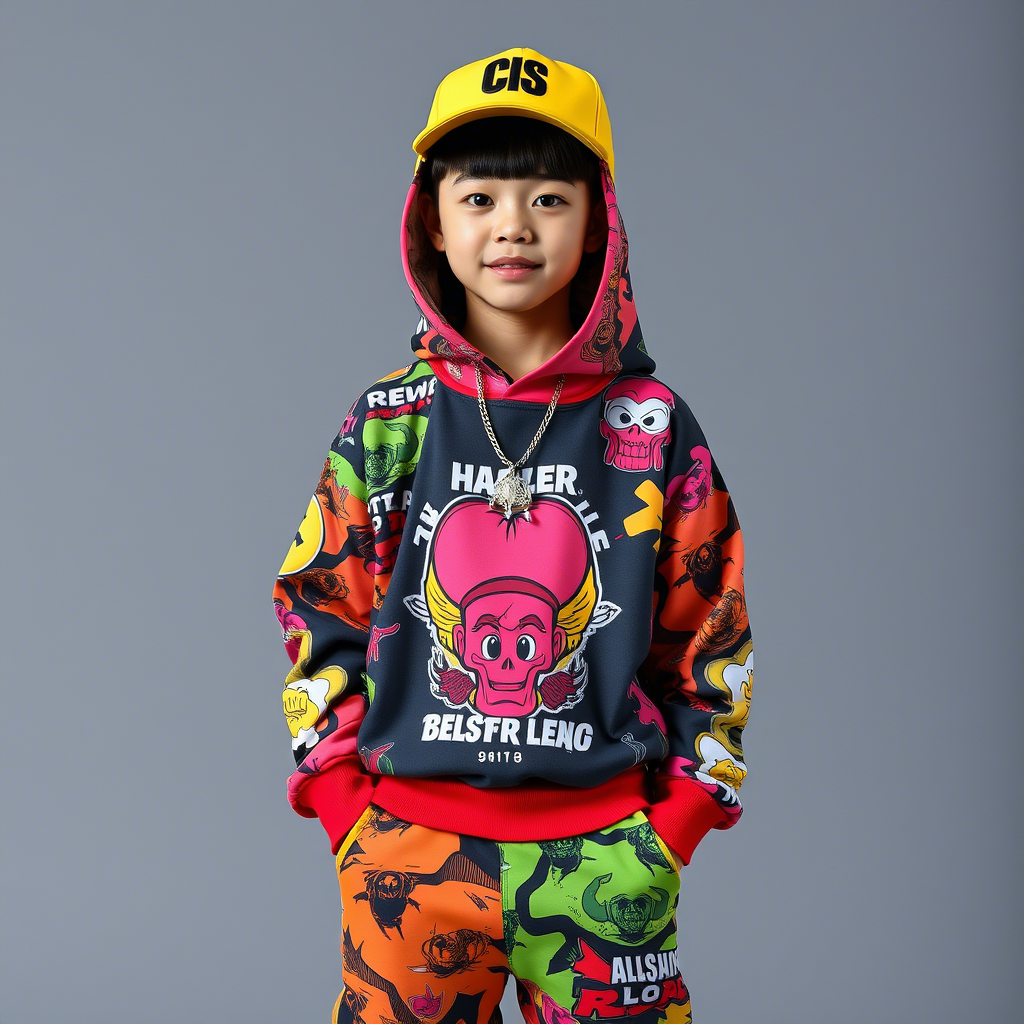 Chinese boy modeling latest streetwear outfit with bold graphics and bright colors