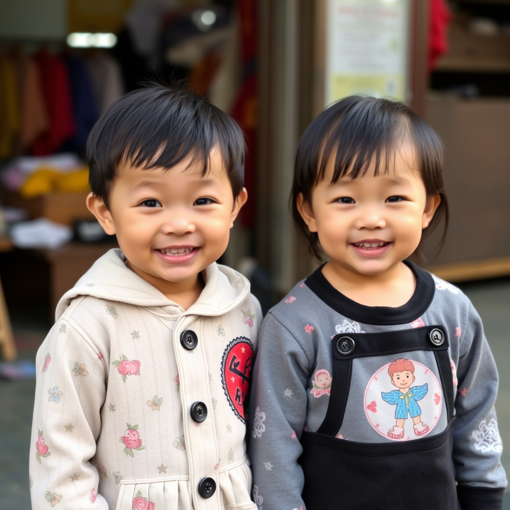 Chinese children happily wearing clothes made by local manufacturers