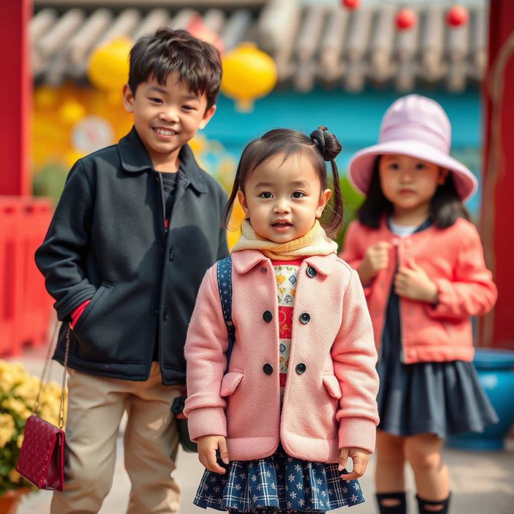 Chinese children modeling stylish outfits in a colorful outdoor setting