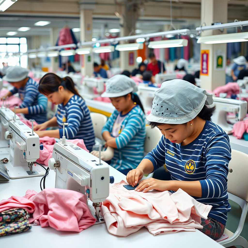 Chinese clothing factory workers assembling kids’ apparel with sewing machines