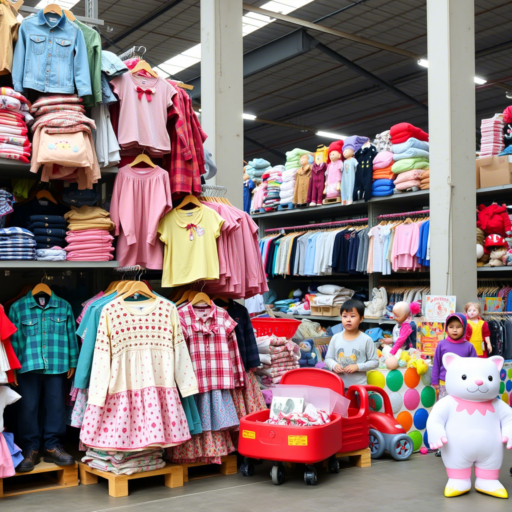 Chinese factory warehouse stacked with children’s apparel and toys