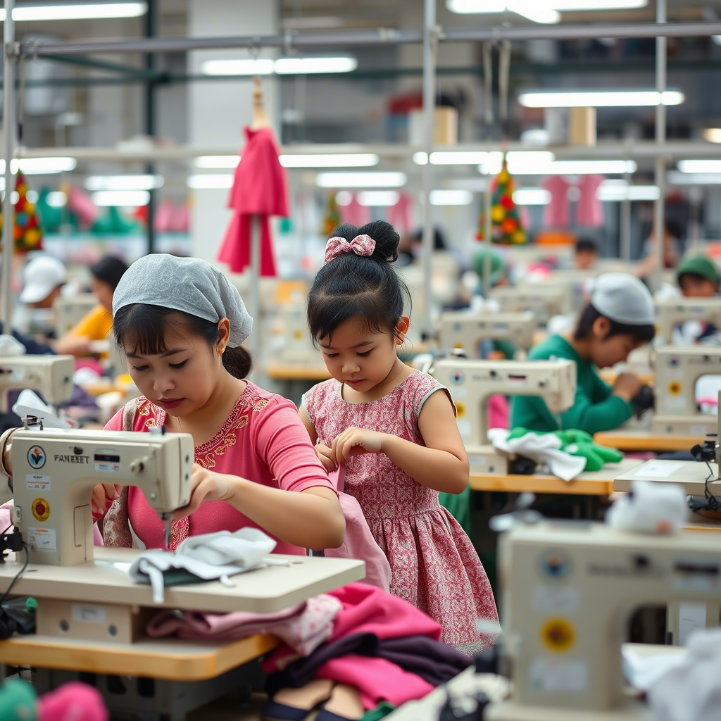 Chinese factory workers busy sewing kids’ outfits with precision and care