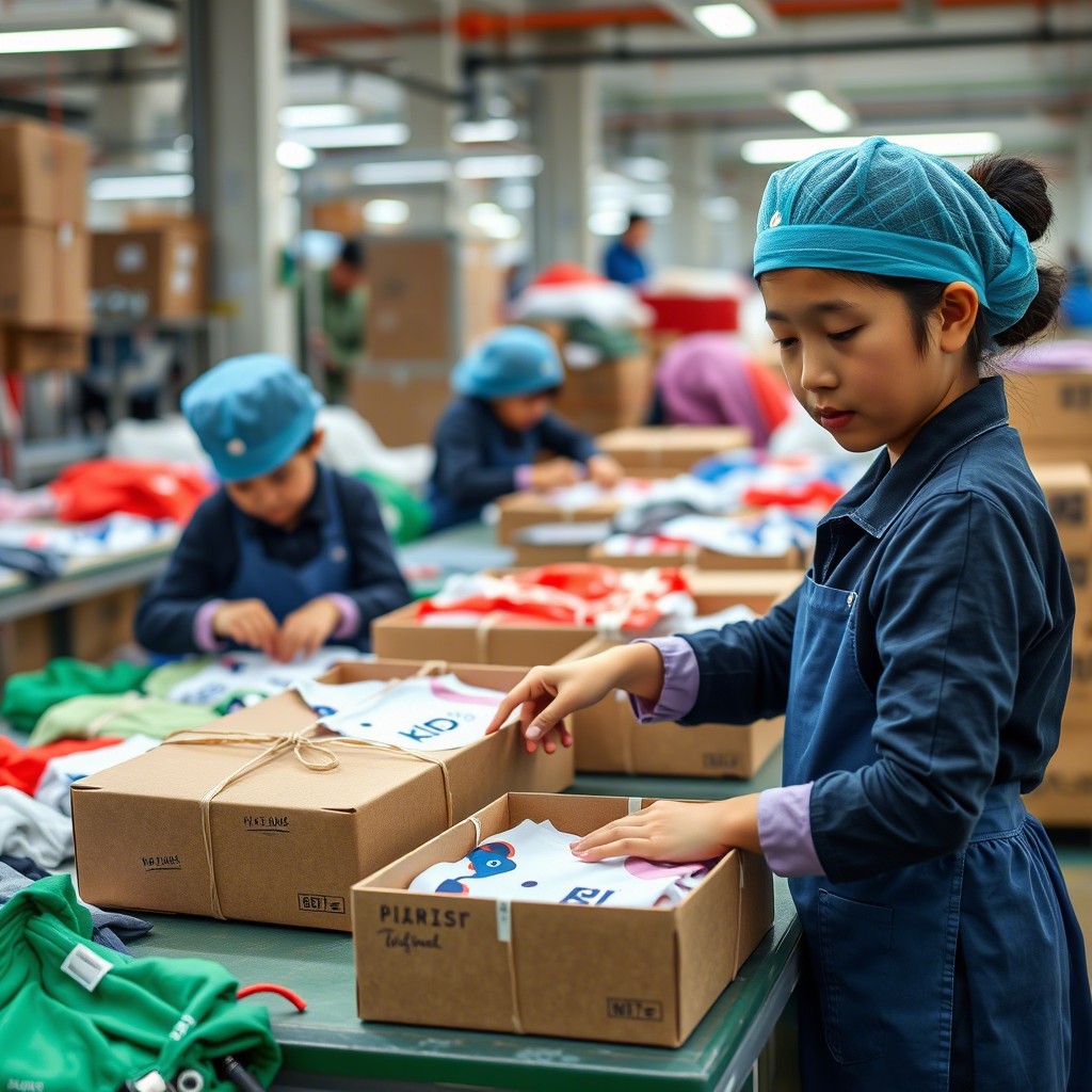 Chinese factory workers efficiently packaging kids’ apparel for global shipping