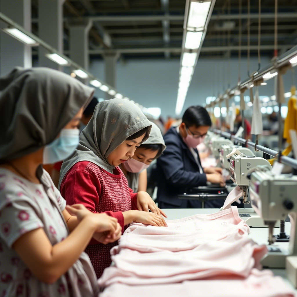 Chinese factory workers inspecting kids’ garments on a production line