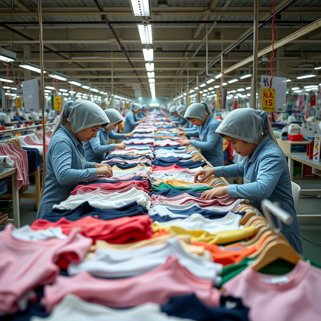 Chinese factory workers inspecting rows of children’s clothing on production lines