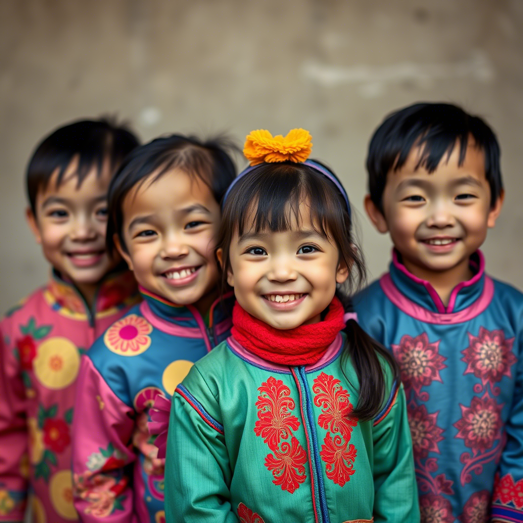 Chinese kids wearing colorful clothing with happy expressions