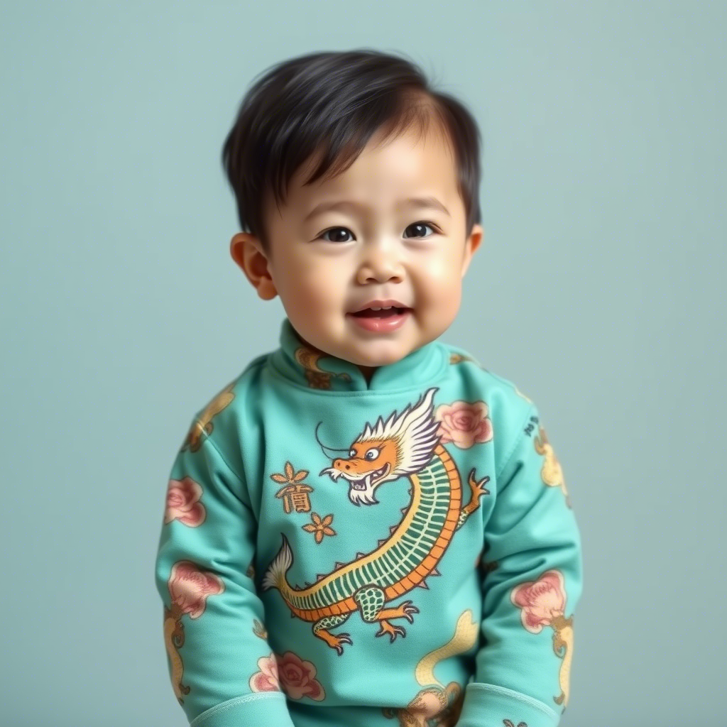 Chinese toddler wearing adorable outfit with dragon print
