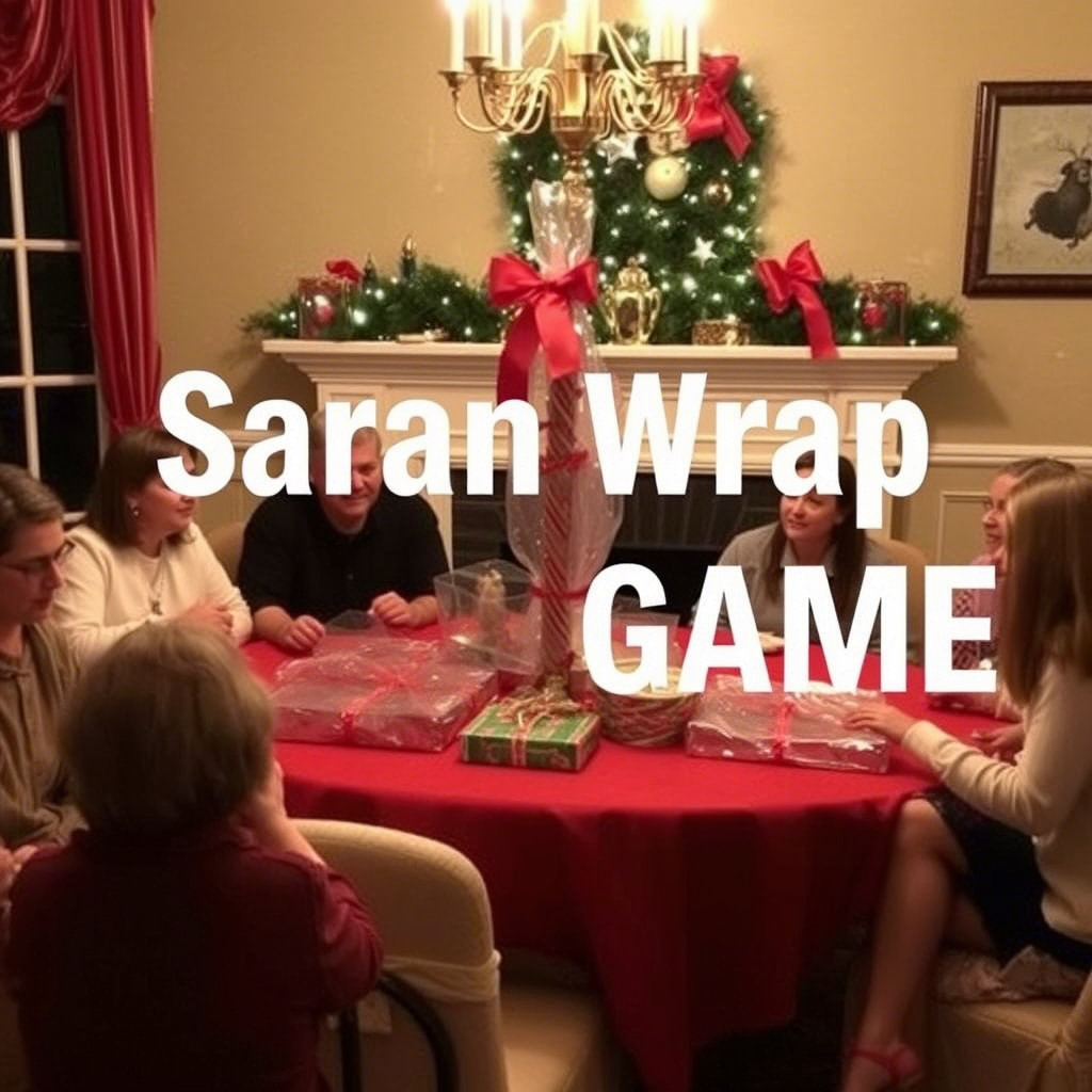 Christmas party scene with Saran Wrap game as centerpiece activity