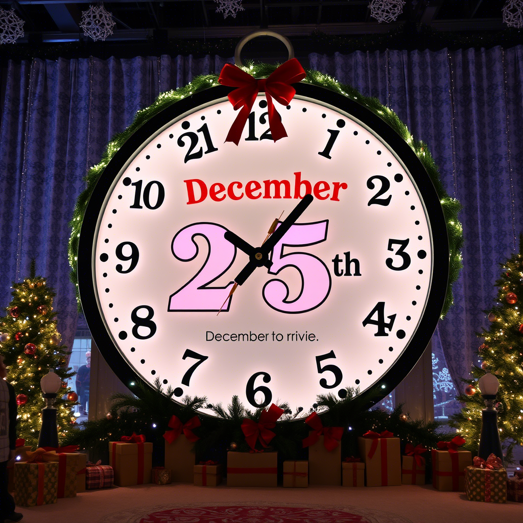 Christmas-themed scene with a giant calendar or clock, highlighting December 25th and holiday trivia