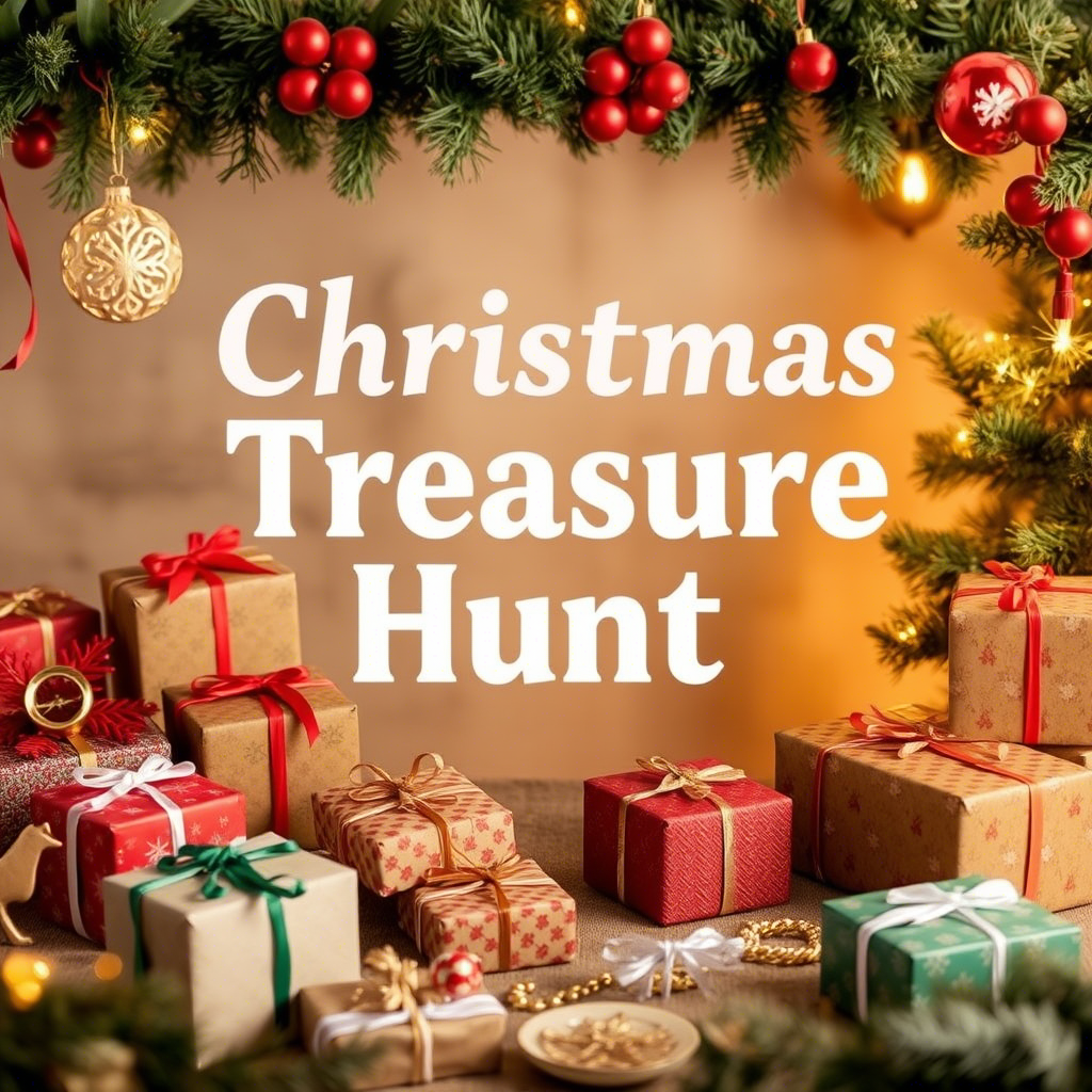Christmas treasure hunt with festive decorations and wrapped presents
