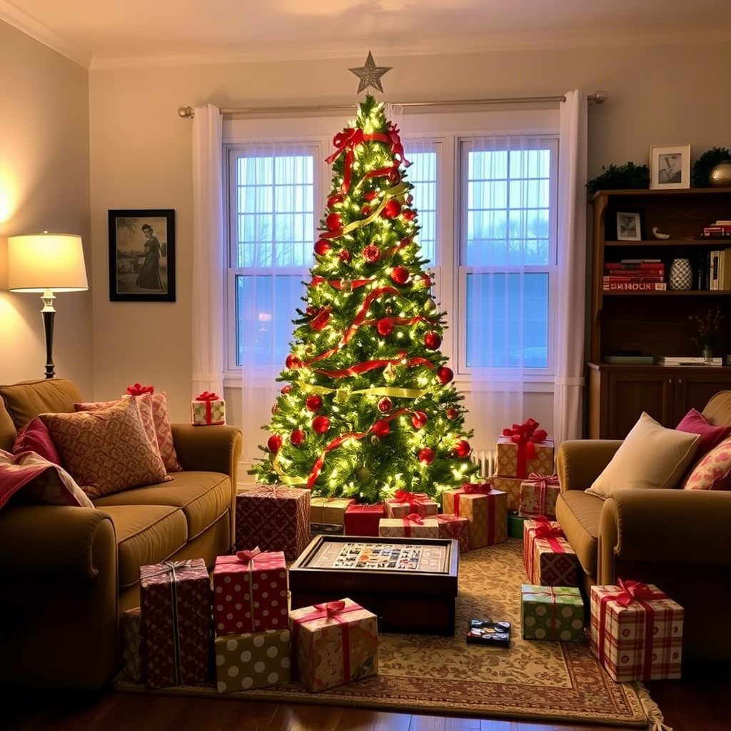 Christmas tree surrounded by wrapped gifts and dice game in a cozy living room