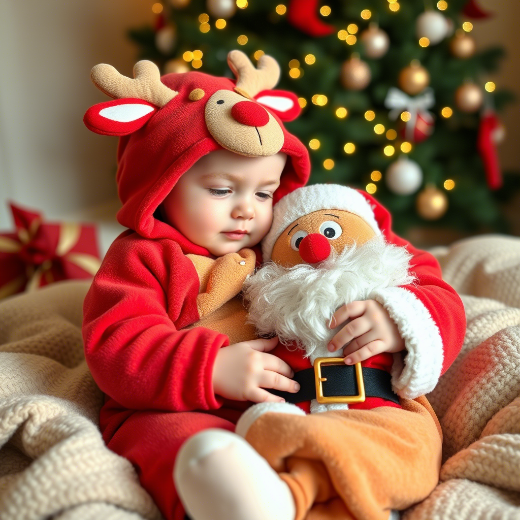 Chubby toddler in reindeer onesie, snuggling with Santa doll