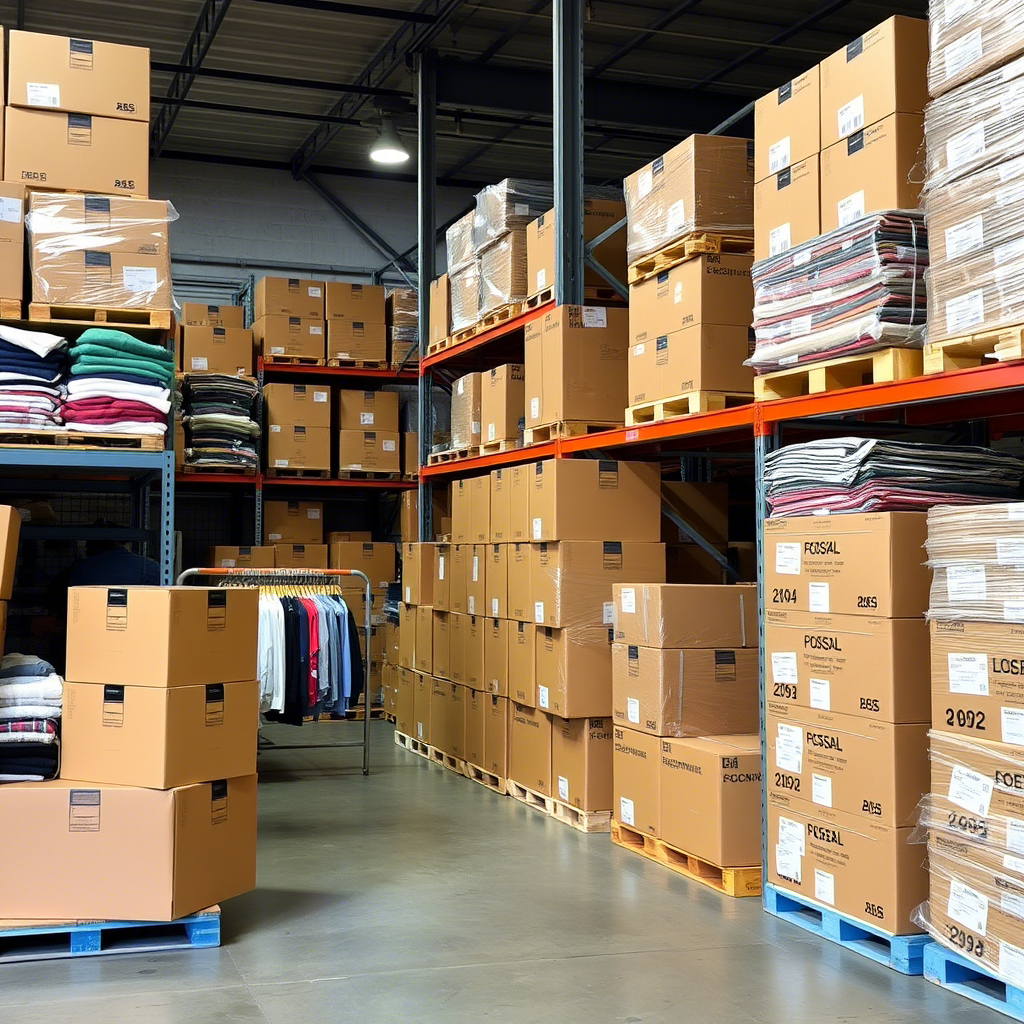 Clothing distributor warehouse with neatly stacked boxes